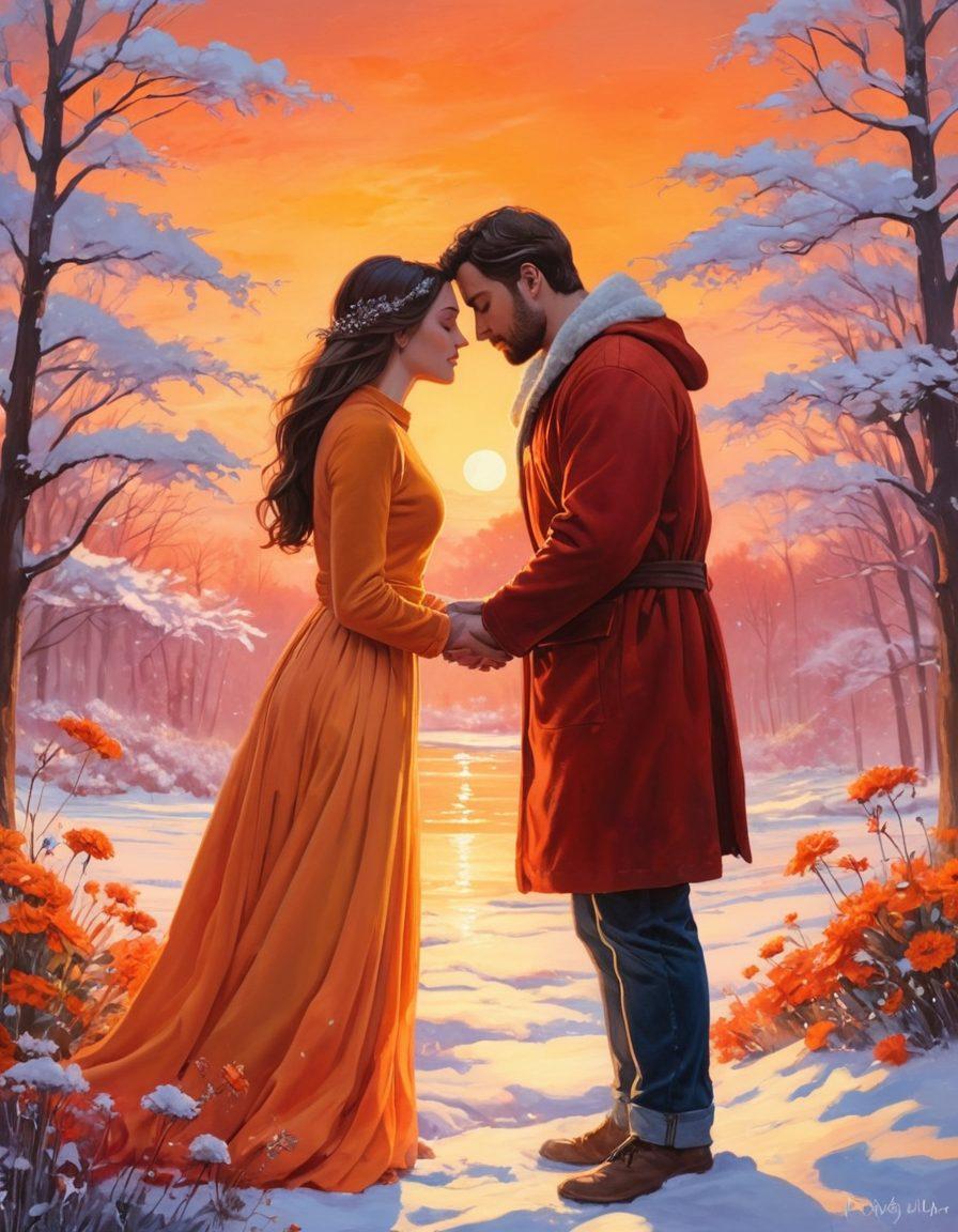 A serene scene showcasing the transition of seasons, with a warm, glowing sunset illuminating a couple sharing a tender moment in the foreground. One side depicts snow and frost melting into vibrant flowers and fire, symbolizing the journey from coldness to warmth in relationships. Soft, warm color palette with a focus on emotional connection, evoking feelings of intimacy and love. romantic painting. vibrant colors. warm lighting.