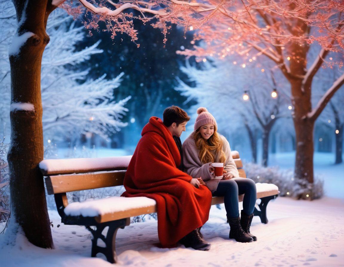A cozy couple wrapped in a warm blanket, seated on a snow-covered bench under twinkling fairy lights. The scene captures snowflakes gently falling around them, as they share a hot drink, exuding warmth and affection. In the background, a winter wonderland of frosted trees creates a magical ambiance. The color palette features soft reds and whites with a dreamy glow. super-realistic. vibrant colors. winter theme.