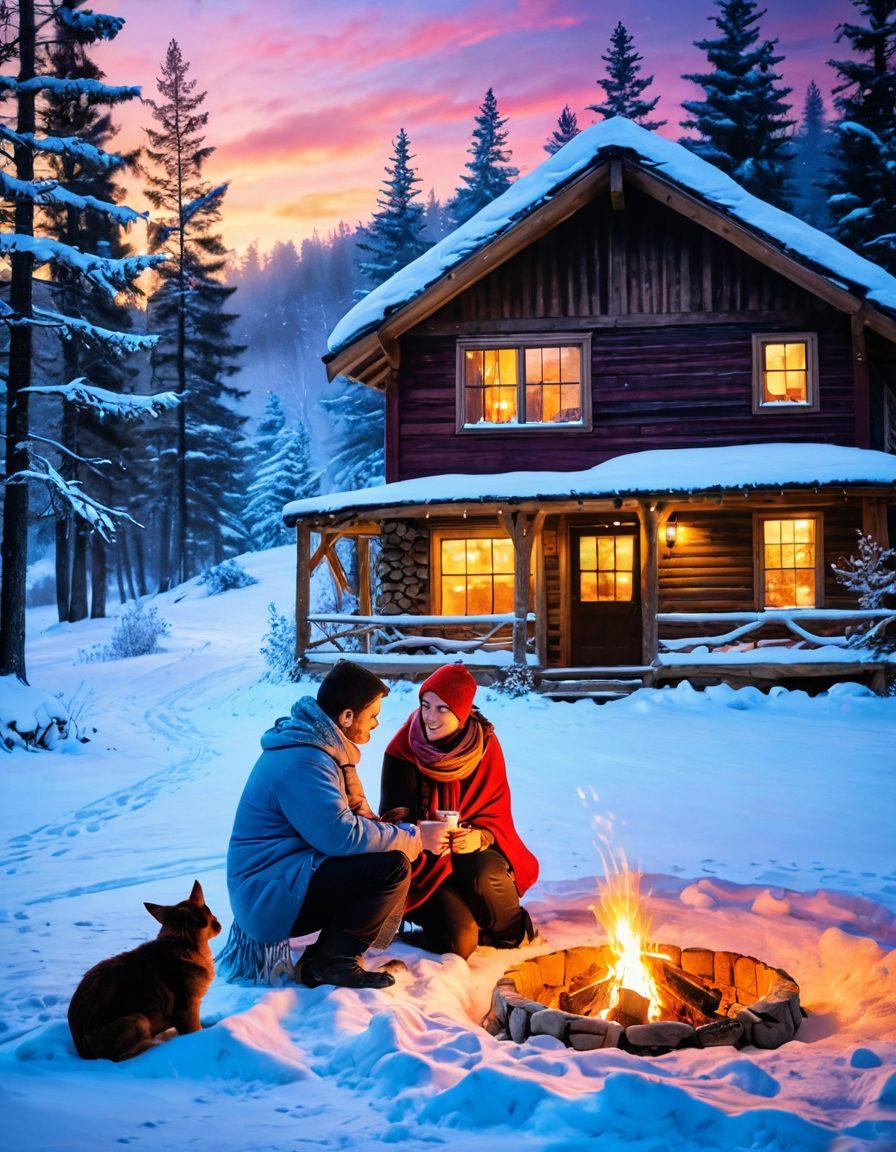 A serene winter landscape with two figures bundled in cozy, colorful scarves, sharing a warm drink by a crackling fire pit surrounded by snow. Delicate snowflakes fall gently around them, and a cozy cabin can be seen in the background with warm light glowing from the windows. The scene captures warmth amidst the cold, symbolizing passionate relationships in a frosty world. vibrant colors. soft focus. painting.